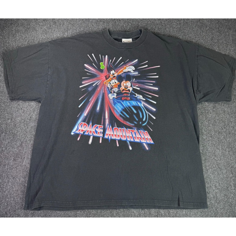 90s Walt Disney World Mickey Space Mountain Black Crew Neck Tee Shirt 2XL XXL